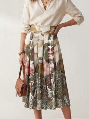 Vintage Jousse 100% Viscose Abstract Forest & Bird Print Pleated Midi Skirt